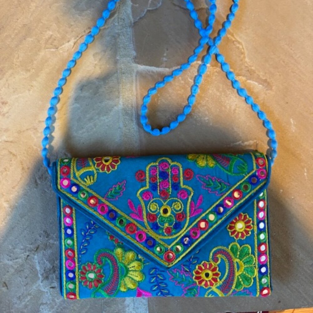 New Vibrant Embroidered Mirrored Hamsa Camels Boho Envelope Crossbody Clutch Bag